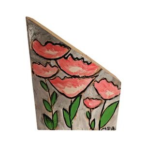 Hand Painted Wood Block Floral Art Signed MDA P-town Provincetown Pink Flowers